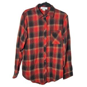 L.I.F.E. Womens Red and Brown Plaid Button-Up Shirt Size Large Evermore Fall